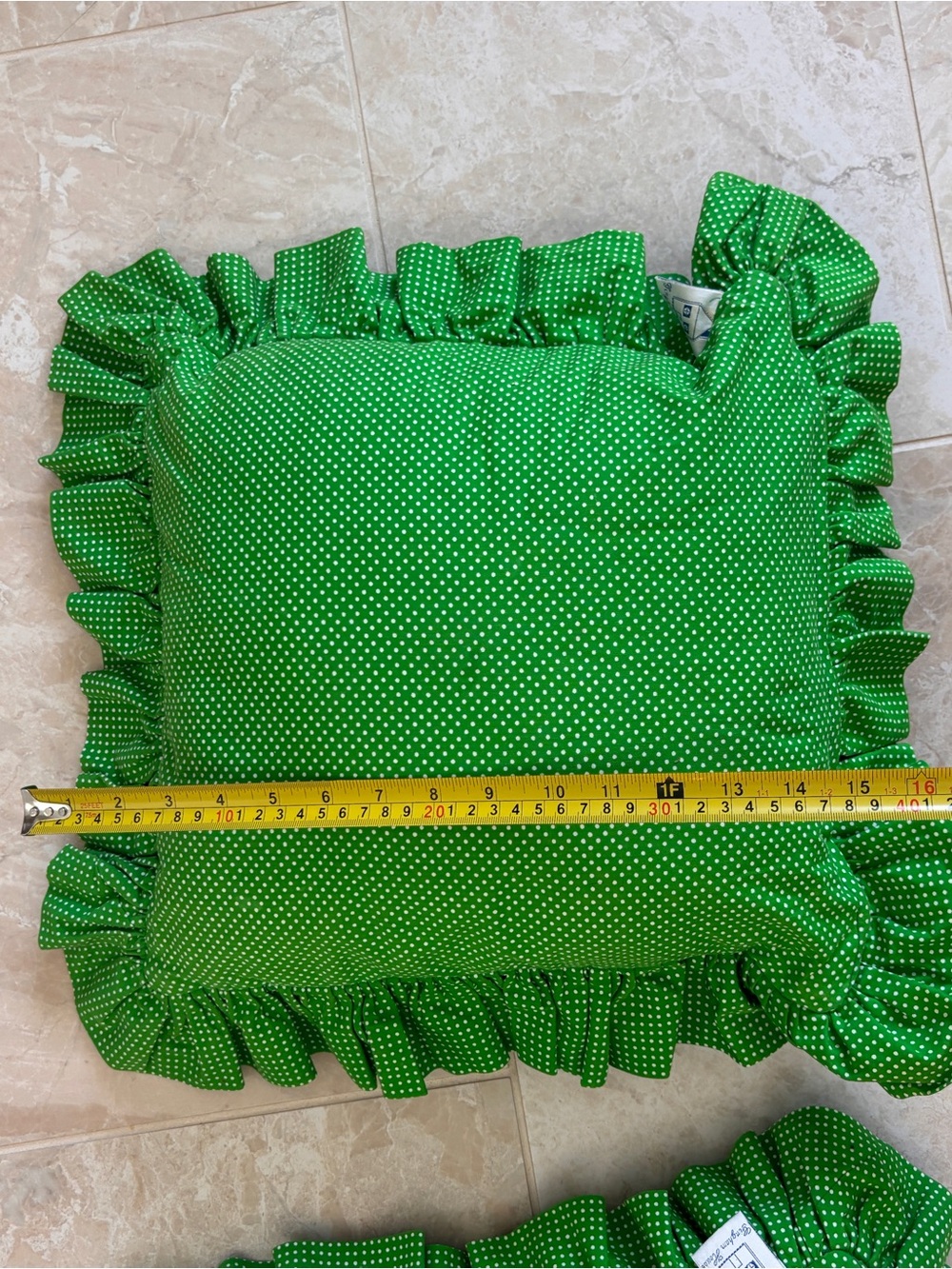 Set of Two Vintage Handmade Quilted Goose Pillows Green and White Polka Dot - Picture 10 of 16